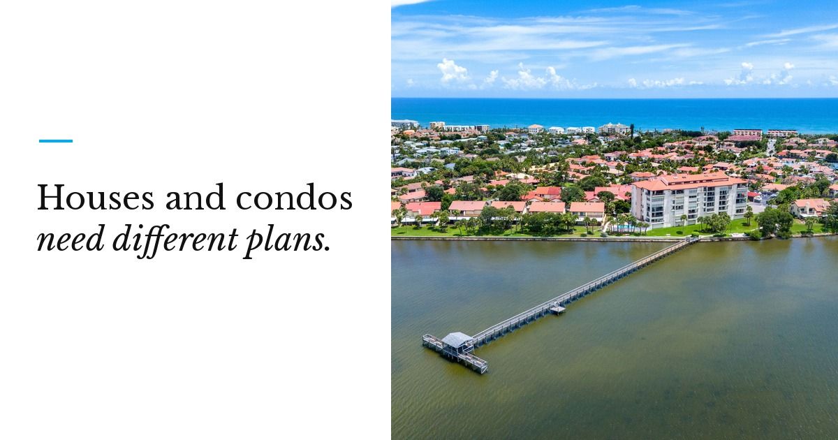 Graphic reading Houses and condos need different plans. beside an aerial view of a Brevard riverfront pier and condo building.
