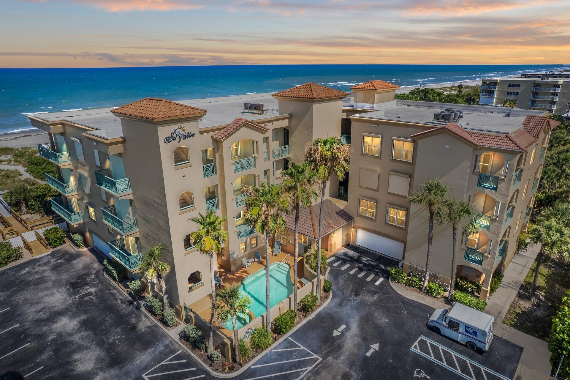 Oceanfront condominium building at 1431 S Atlantic Avenue in Cocoa Beach