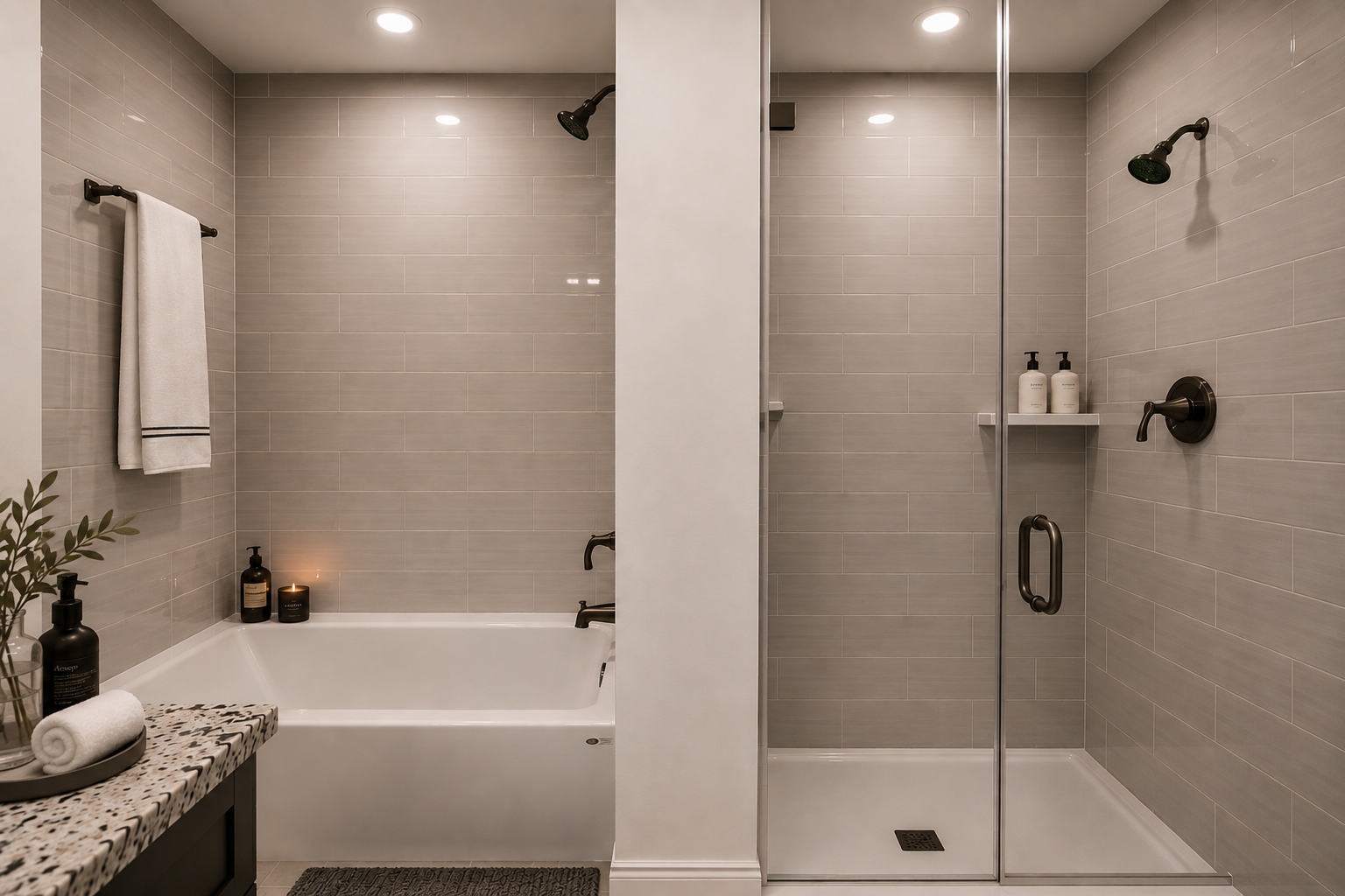 Modern gray-tile bathroom with bathtub, glass shower, and towel rack