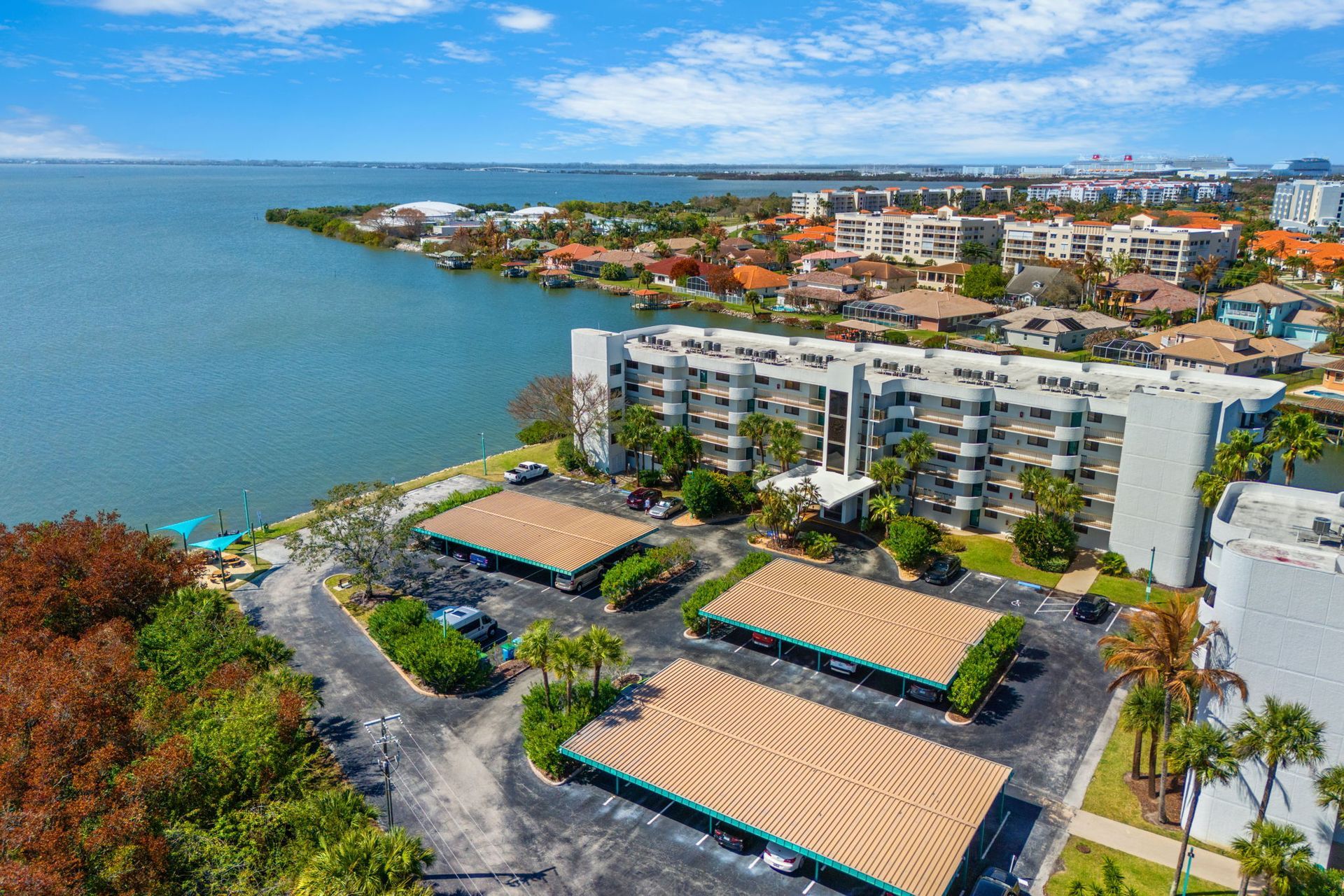 Banana River waterfront condominium setting at 300 Columbia Drive in Cape Canaveral.