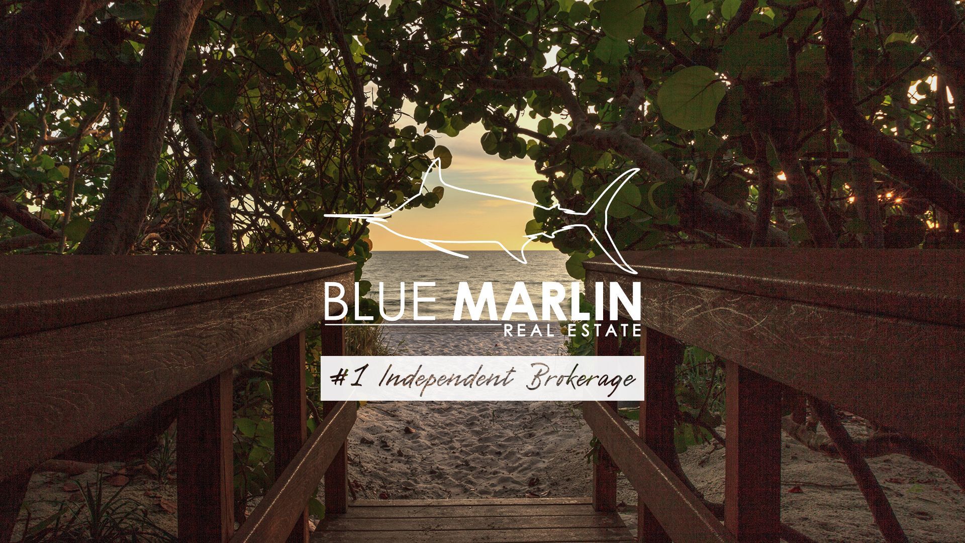 Wooden walkway leading to a beach and ocean view, Blue Marlin Real Estate logo overlaid.