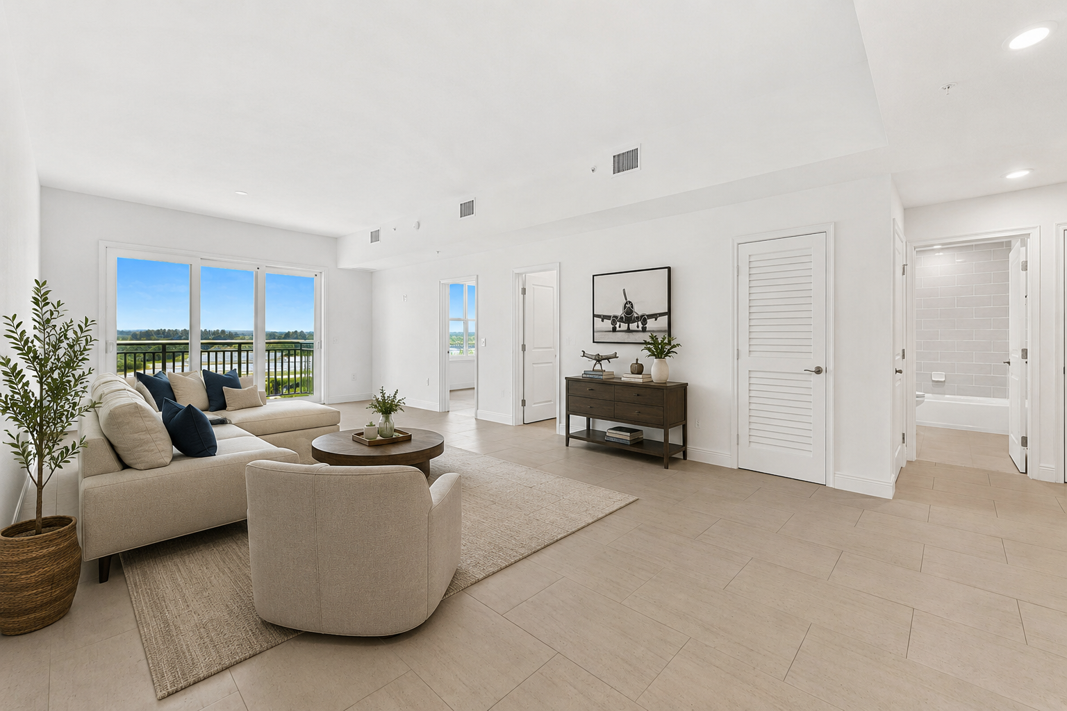 Bright minimalist living room with beige sofa, round ottoman, TV console, and large windows overlooking a balcony.