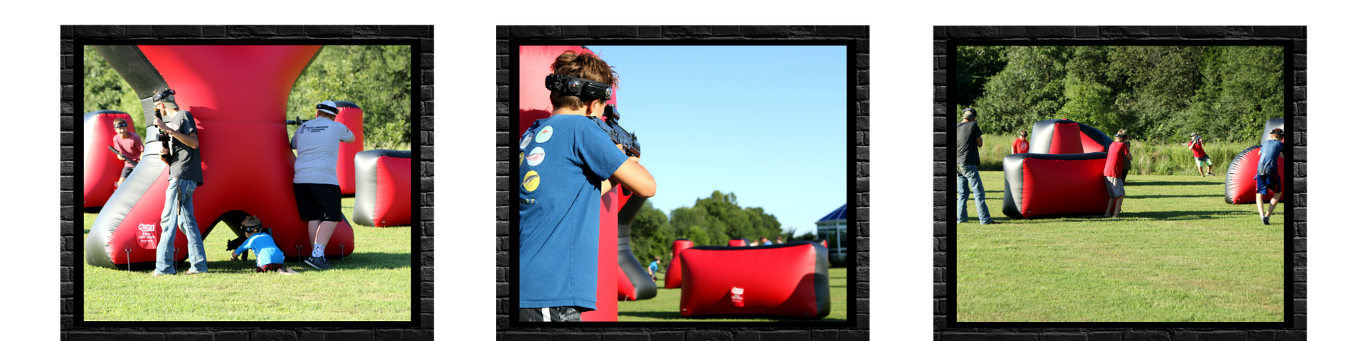 Soccer players and a red inflatable obstacle on a grassy field during practice