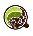 Brown coffee cup logo with green leaves and coffee beans inside