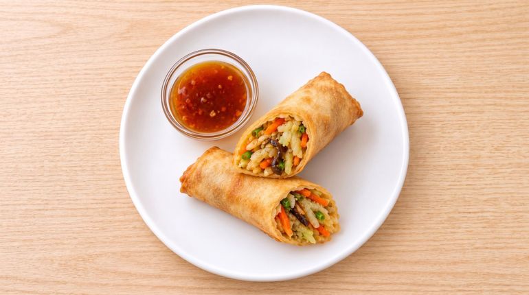 Two golden spring rolls on a white plate with a small bowl of dipping sauce on a wooden table