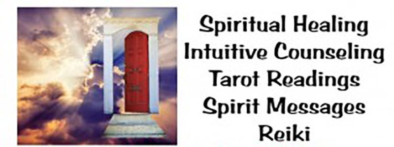 A red door in an archway with clouds and text: Spiritual Healing, Intuitive Counseling, Tarot Readings, Spirit Messages, Reiki.