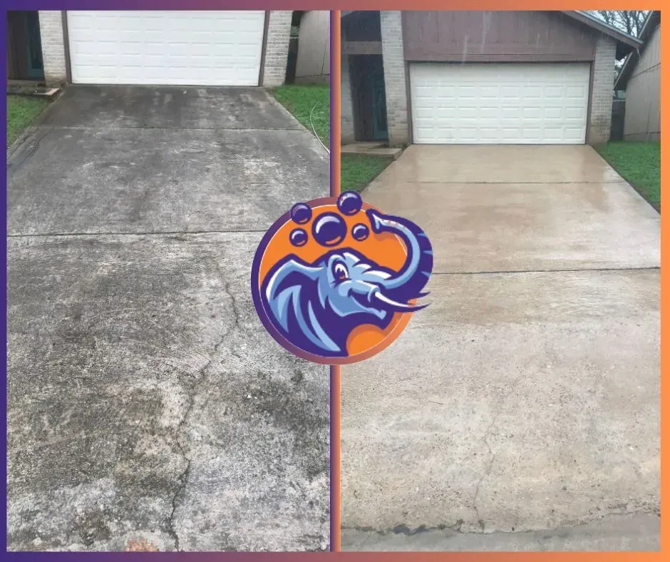Before and after of a driveway cleaning; concrete driveway goes from dirty to clean, logo in the middle.