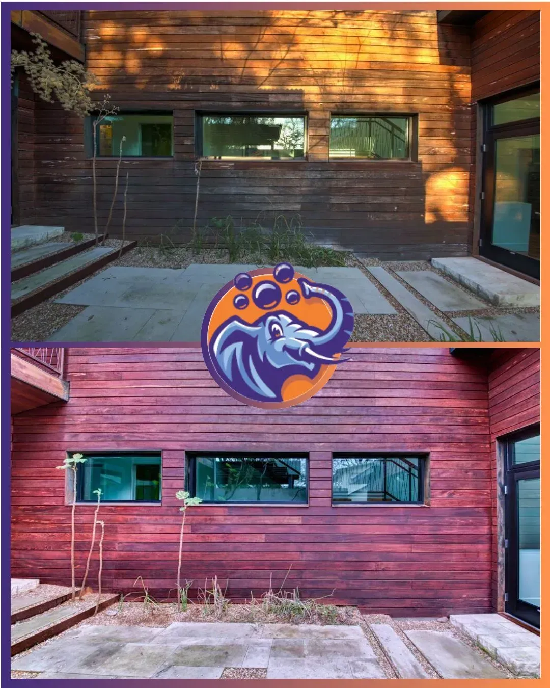 Comparison of before and after cleaning of a wooden building's exterior.  The 
