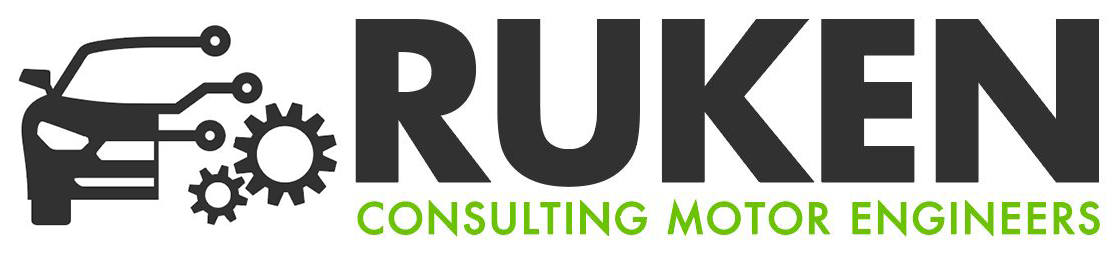 Logo: Car outline with circuit board, gears, and the name RUKEN, 