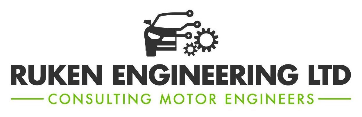 Logo: Car silhouette, circuit board, gears, company name 