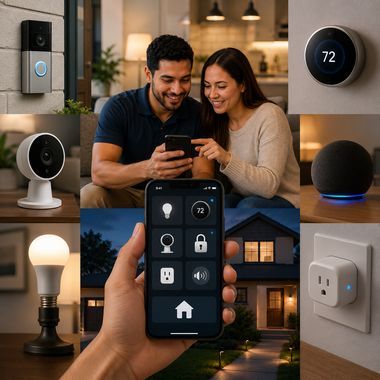 Smart home control app on a phone with connected devices, thermostat, camera, light bulbs, lock, and outlet.