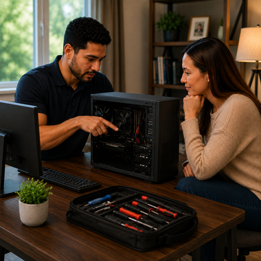 Two people inspect a desktop PC on a table, with tools and a monitor in a home office.