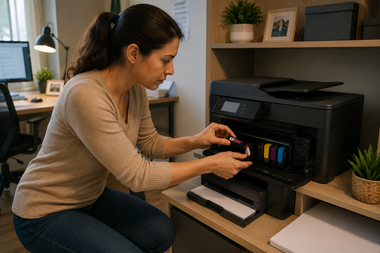 Person replacing ink cartridges in a black printer on a home office desk.