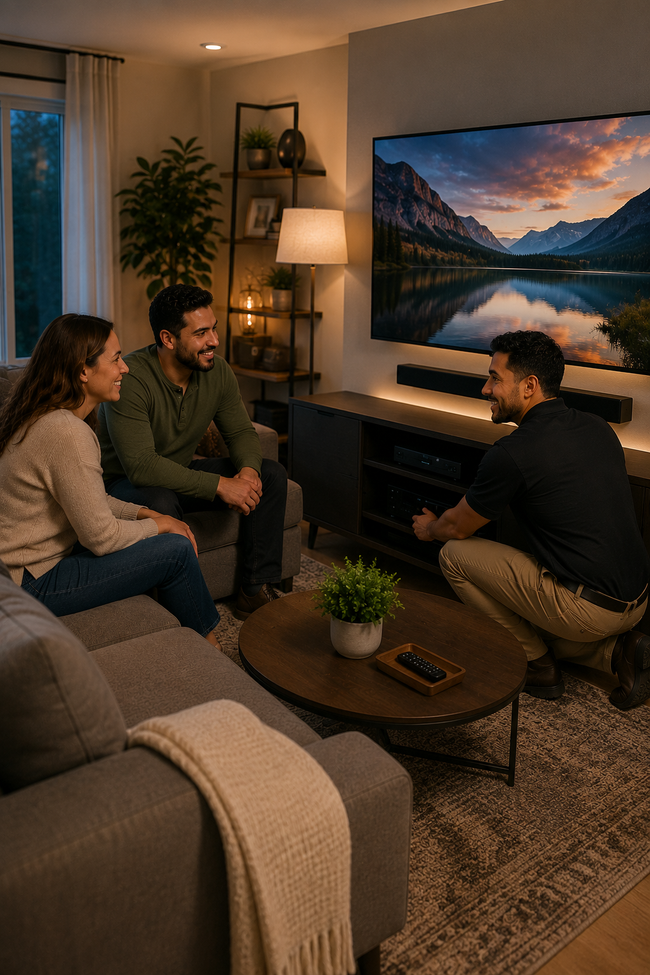Three people chatting in a cozy living room while watching a landscape on a wall-mounted TV.