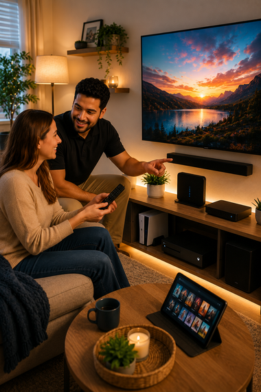 Couple relaxing on a sofa in a cozy living room, watching a sunset on a wall TV.