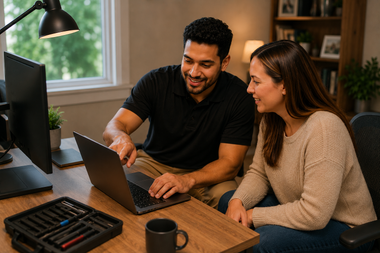 Two people collaborating on a laptop at a desk in a home office