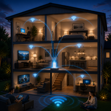 Cutaway of a smart home with glowing Wi‑Fi symbols and connected devices across three floors
