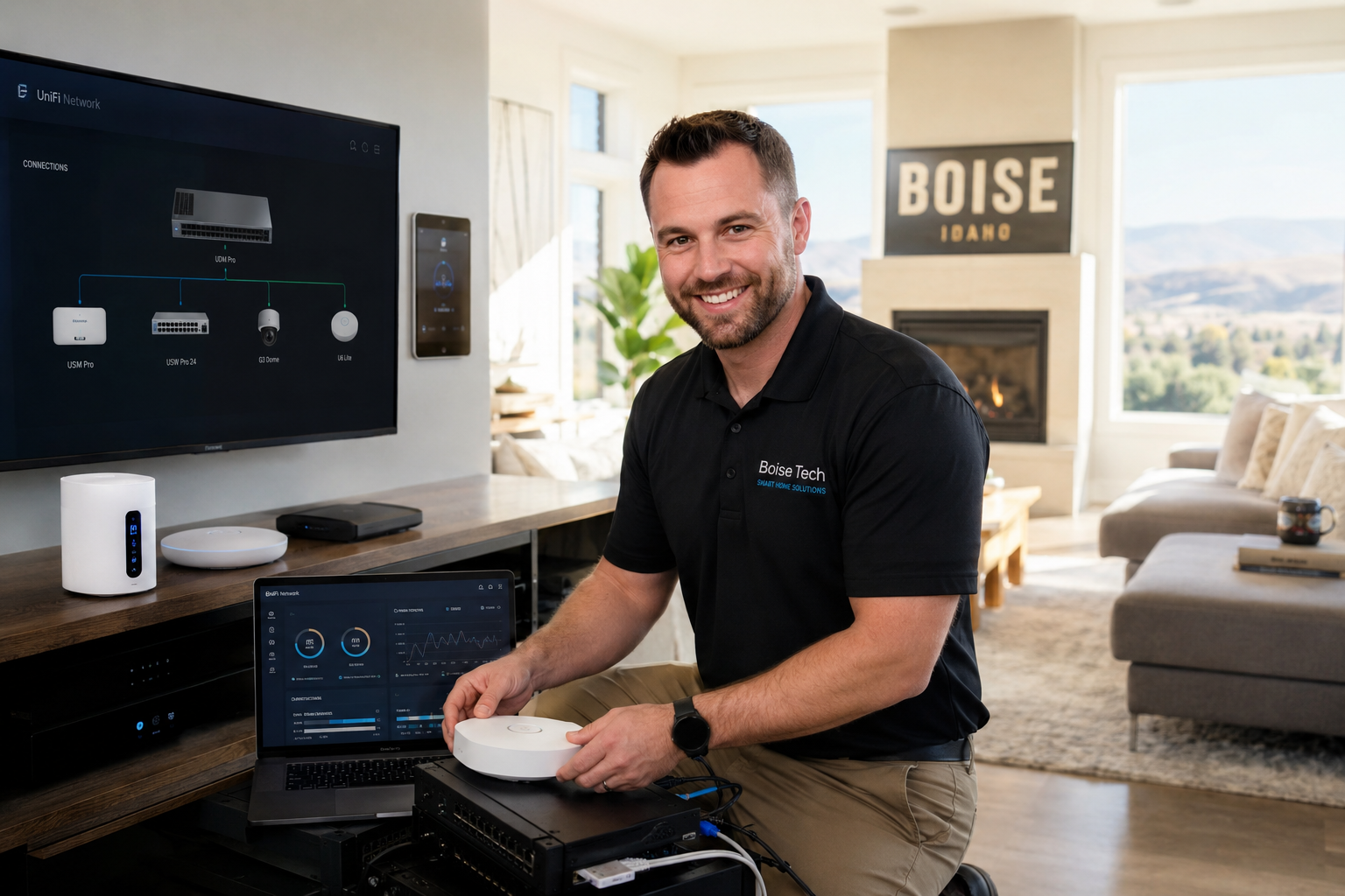 Man smiling in a modern living room, holding a white smart home device beside a laptop and wall display.