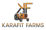 A logo for karafit farms with an orange tractor on a white background.