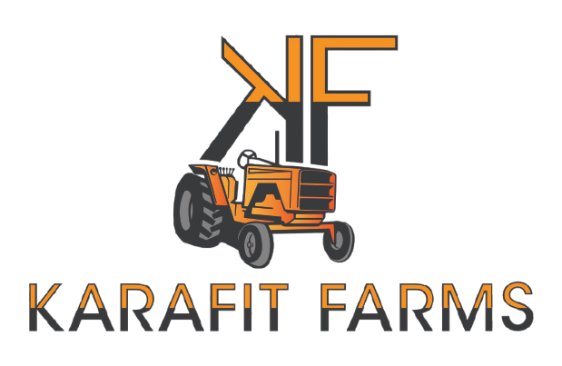 A logo for karafit farms with an orange tractor on a white background.