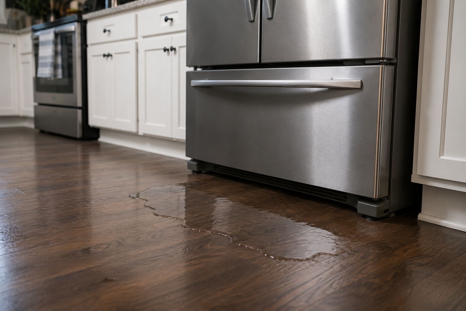 Cracked hardwood kitchen floor with water damage beneath a stainless steel oven and refrigerator.