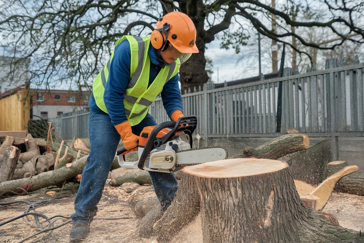 A person using a chainsaw to cut a tree stump, wearing safety gear outdoors.