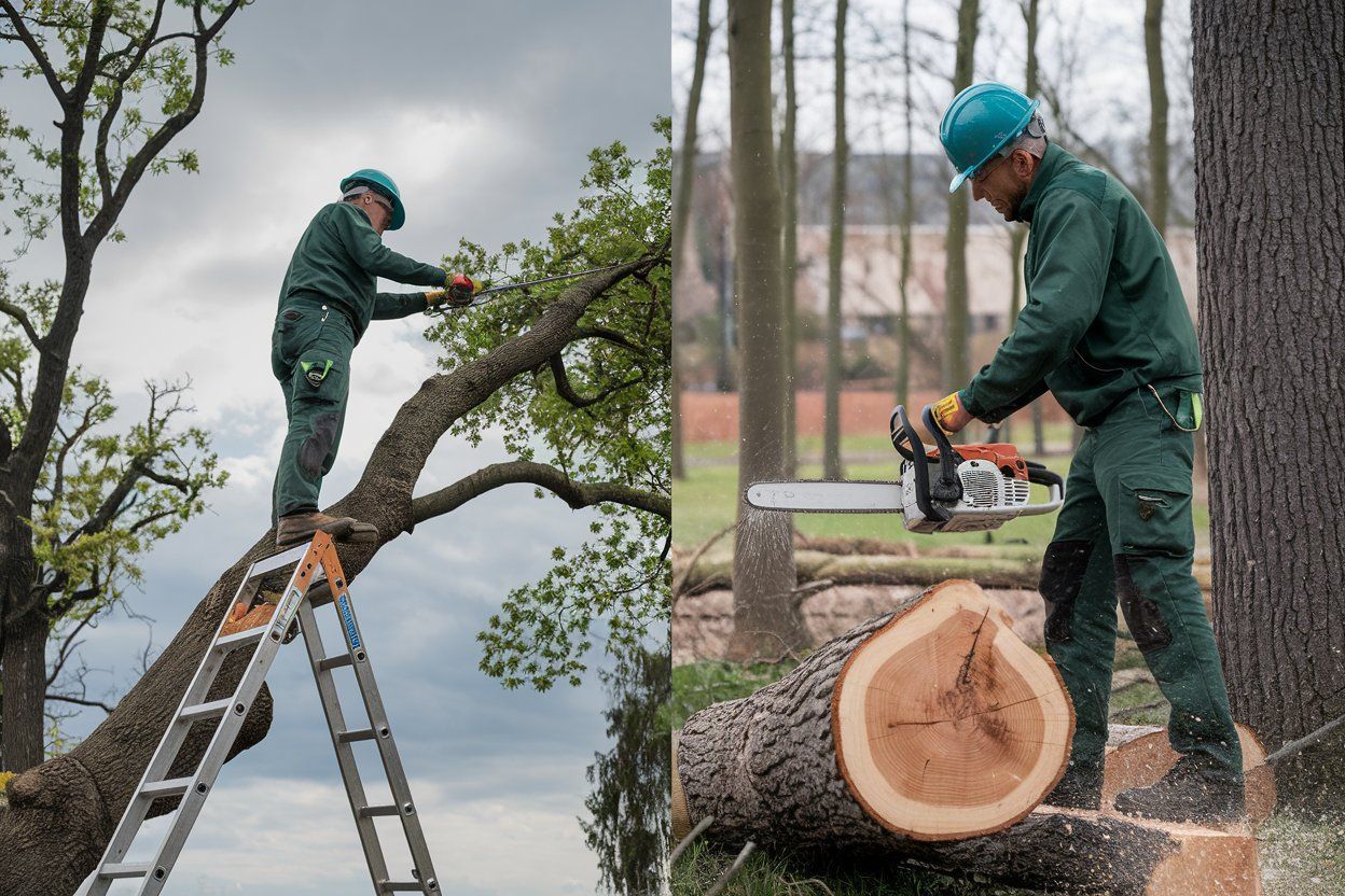 Two arborists in green workwear, trimming a tree with a ladder and chainsaw in outdoor settings.