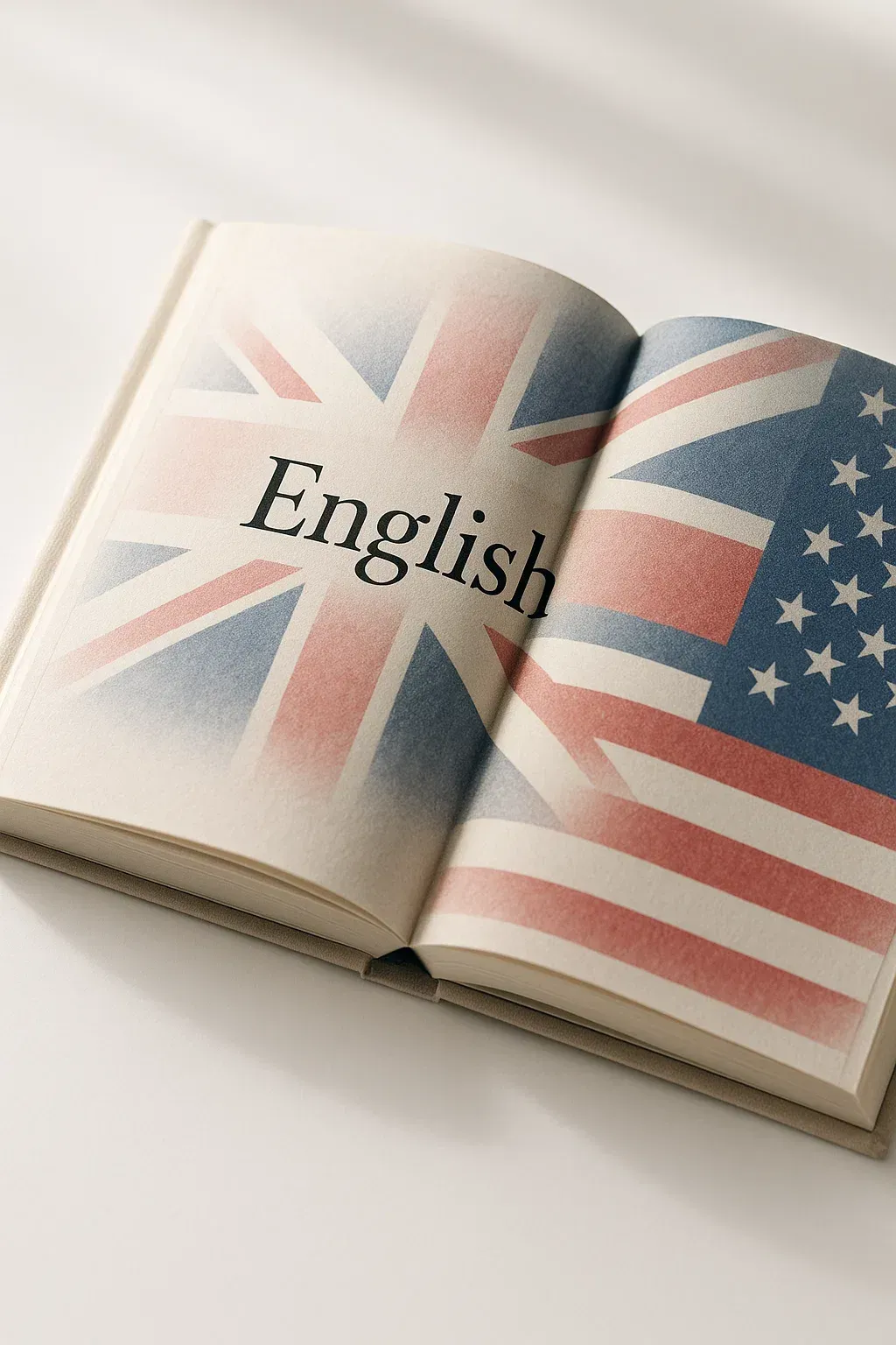 Book with the Union Jack and American flag on the pages, with the word 