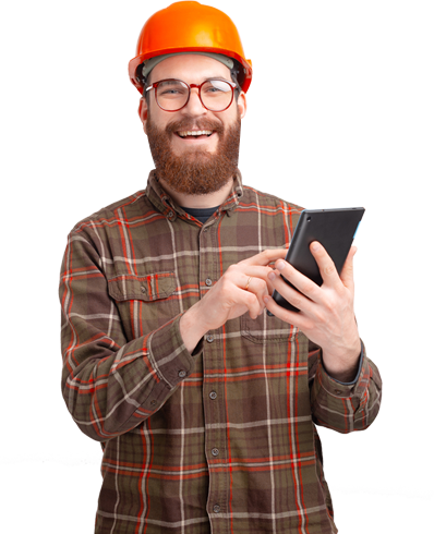 Person in orange hard hat and glasses using a tablet, wearing a plaid shirt and smiling.