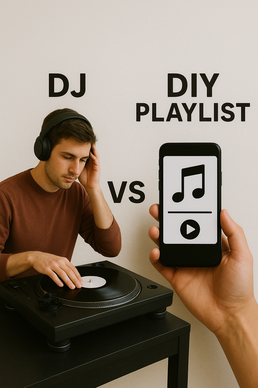 DJ vs. DIY playlist: Person with headphones on turntable, hand holding phone with music note.