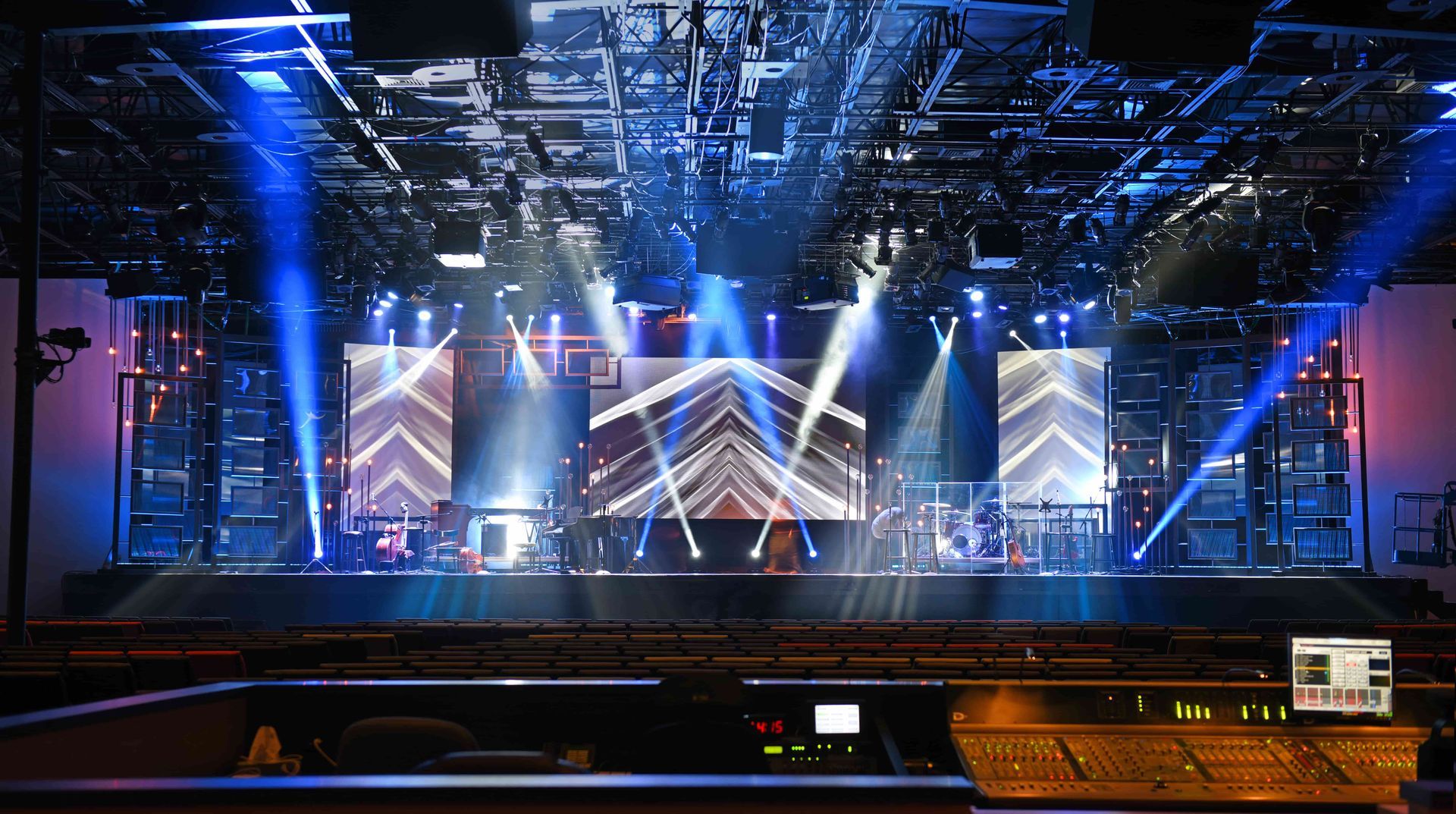 A large stage with a lot of lights on it.