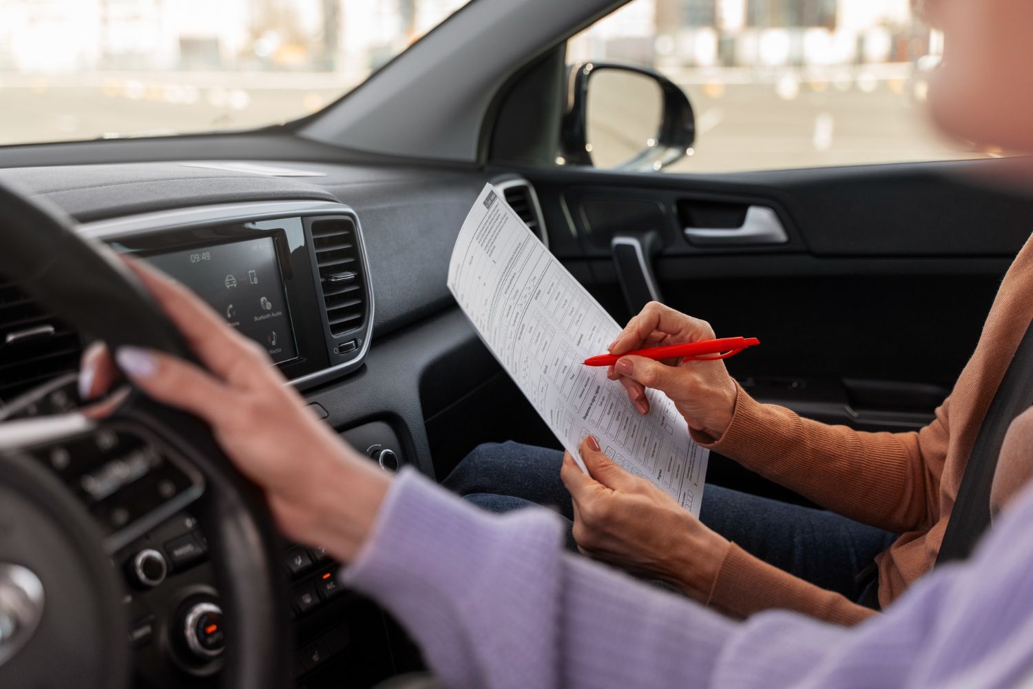 Driver and passenger in a car reviewing papers, with one holding a pen and pointing at the document.