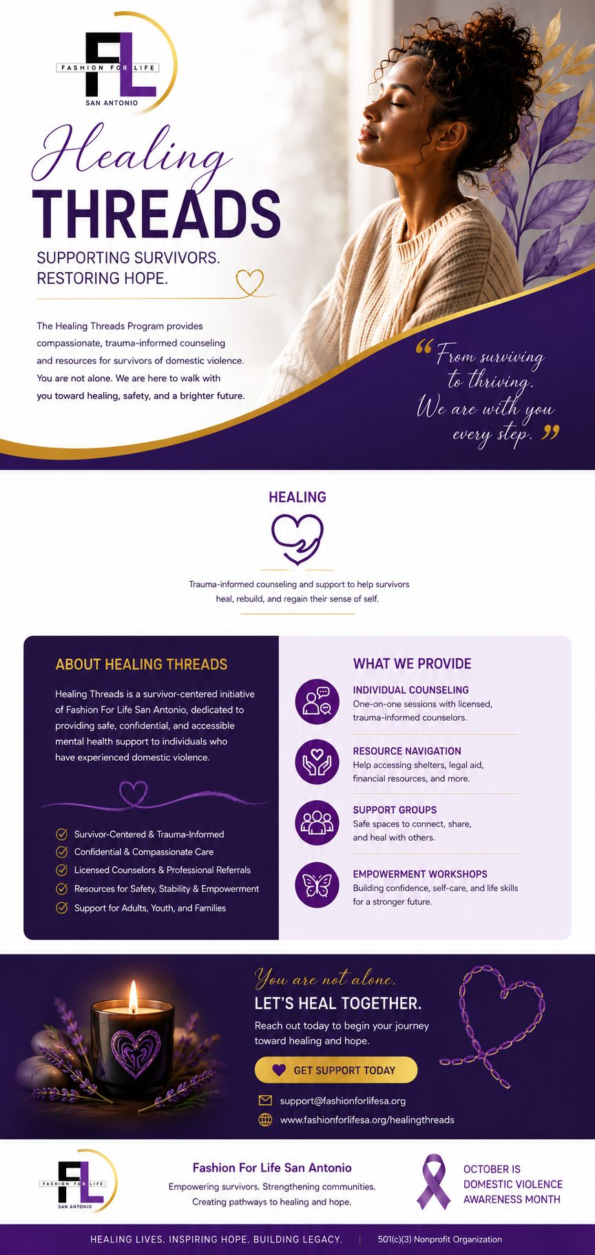 Poster for “Restore” with a purple silhouette, counseling scenes, and wellness tips on a white and gold background
