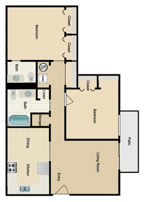 A 3D floor plan showing a furnished apartment with three bedrooms, two bathrooms, a living area, and a kitchen.