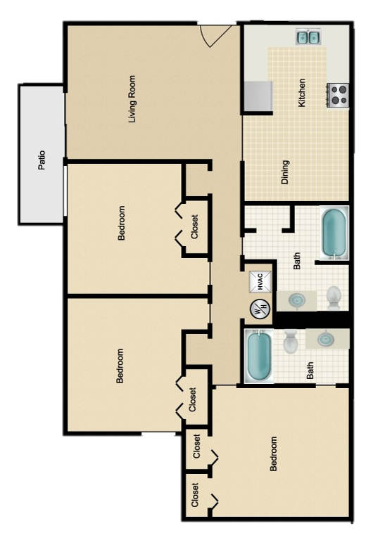 A 3D floor plan showing a furnished apartment with three bedrooms, two bathrooms, a living area, and a kitchen.