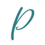 A teal-colored, cursive lowercase letter 'p' on a white background.