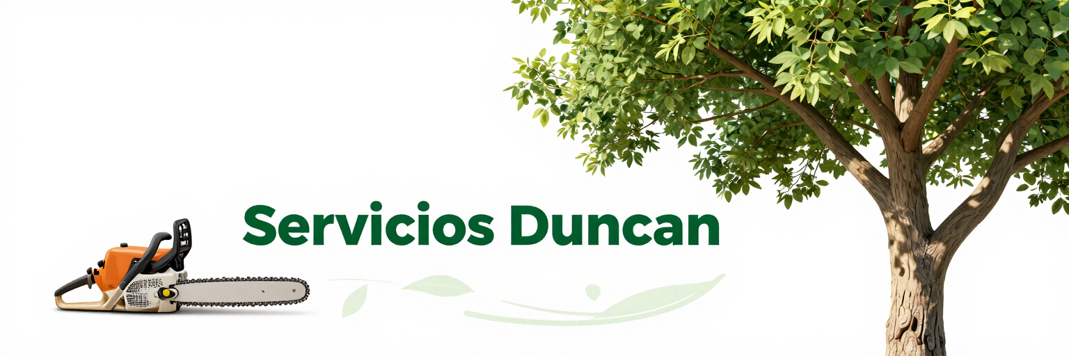 Logotipo de Servicios Duncan con una motosierra y un árbol sobre fondo blanco.