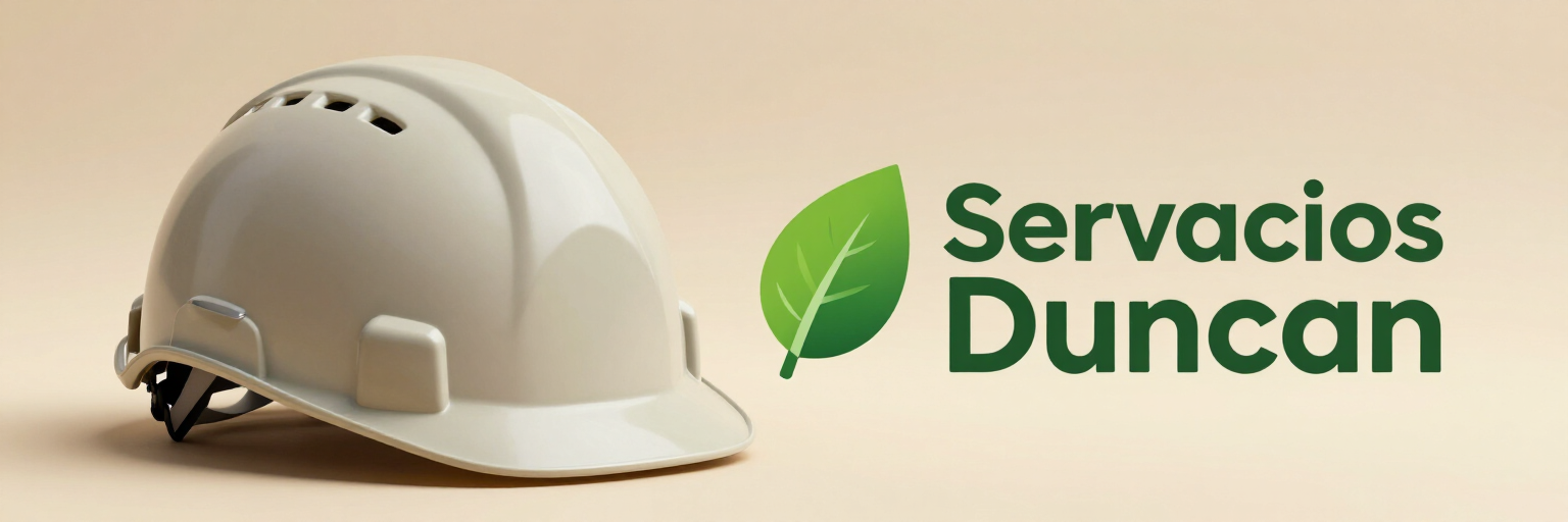 Casco de construcción blanco junto al logotipo verde de “Servicios Duncan” sobre un fondo beige.