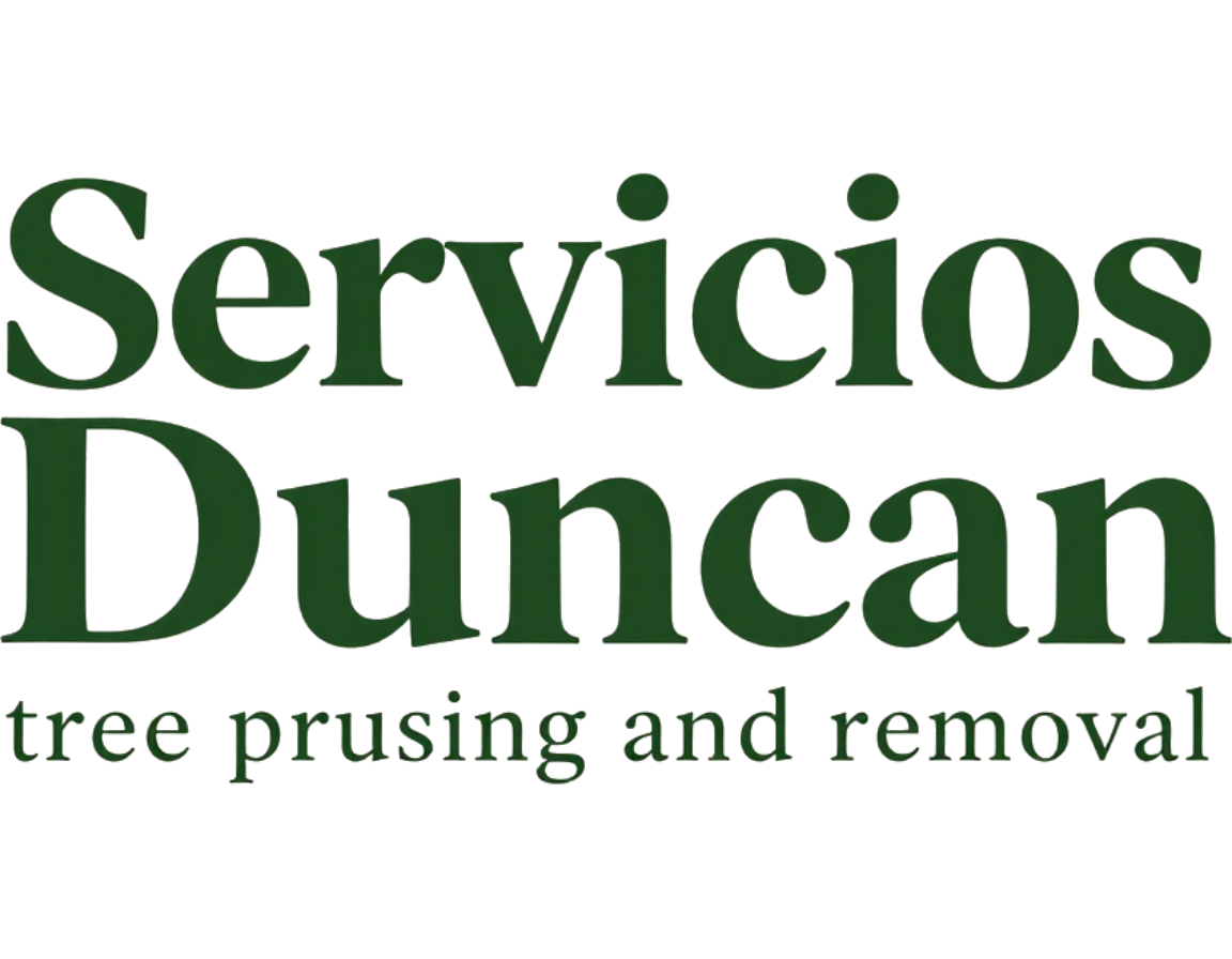 Logotipo de Servicios Duncan con texto verde y subtítulo “poda y tala de árboles”
