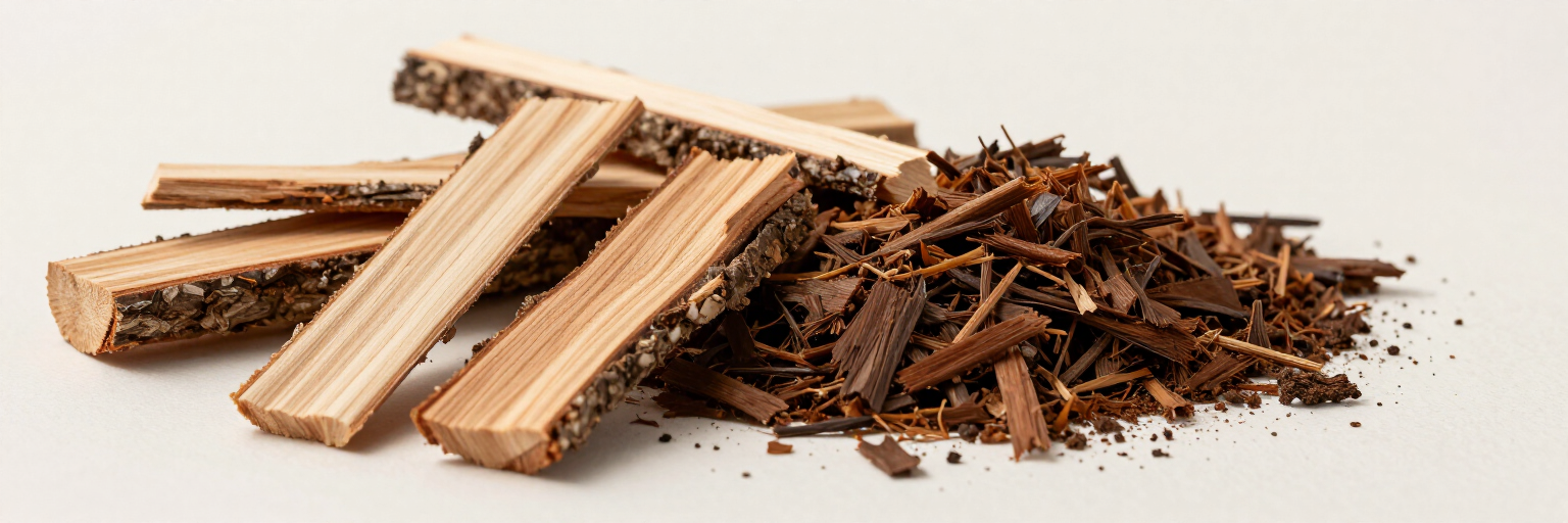 Palitos de madera para encender fuego y virutas de madera en un pequeño montón sobre un fondo blanco.
