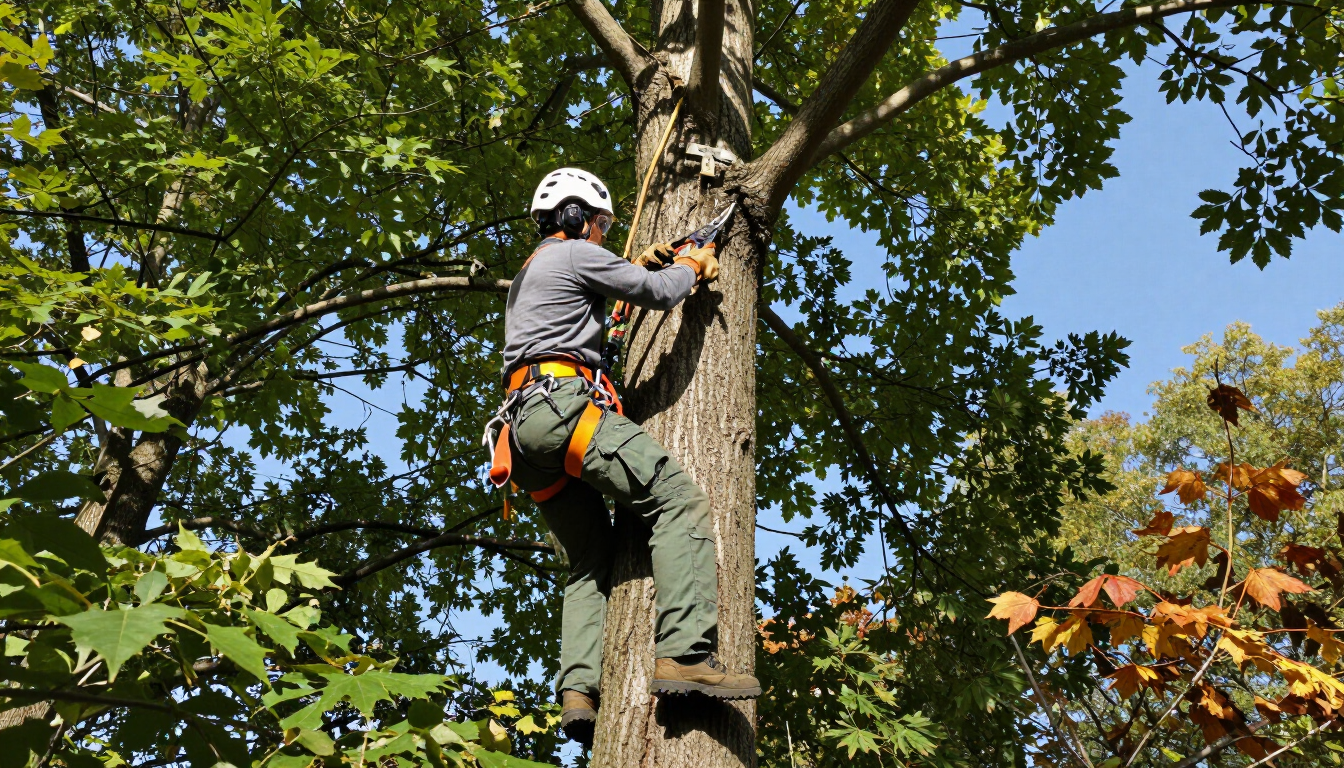 Escalador con equipo de seguridad ascendiendo a un gran árbol en un entorno exterior frondoso.