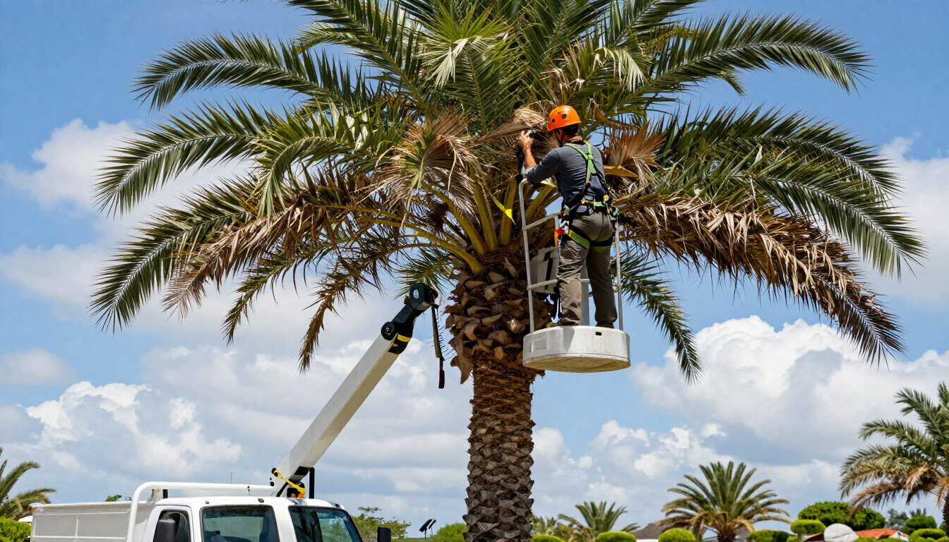 Un trabajador poda una palmera desde una plataforma elevadora junto a un camión en un día soleado.