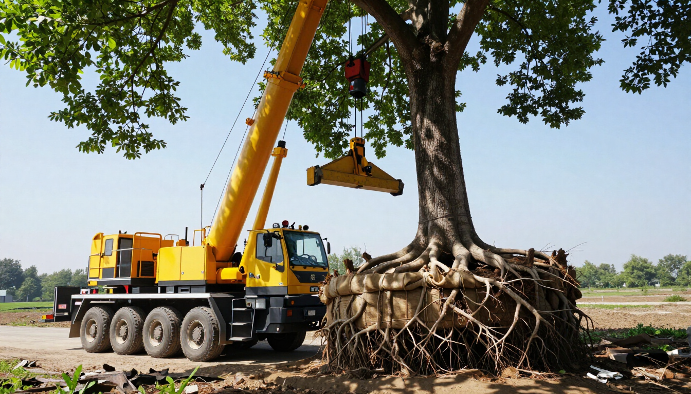 Una grúa amarilla levanta un árbol con raíces expuestas en un campo.