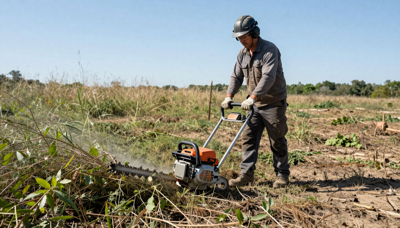Persona utilizando una desbrozadora en un campo seco, recortando la vegetación bajo un cielo despejado.