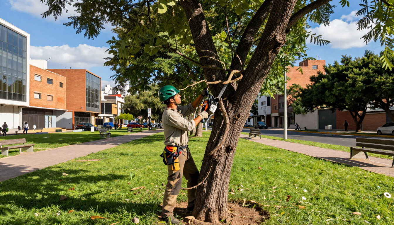 Un trabajador poda un árbol en un soleado parque urbano cerca de edificios de apartamentos.