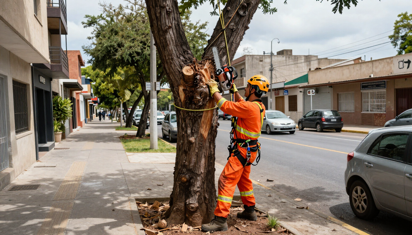 Un trabajador con equipo de seguridad naranja poda un árbol junto a una acera y una calle de la ciudad.