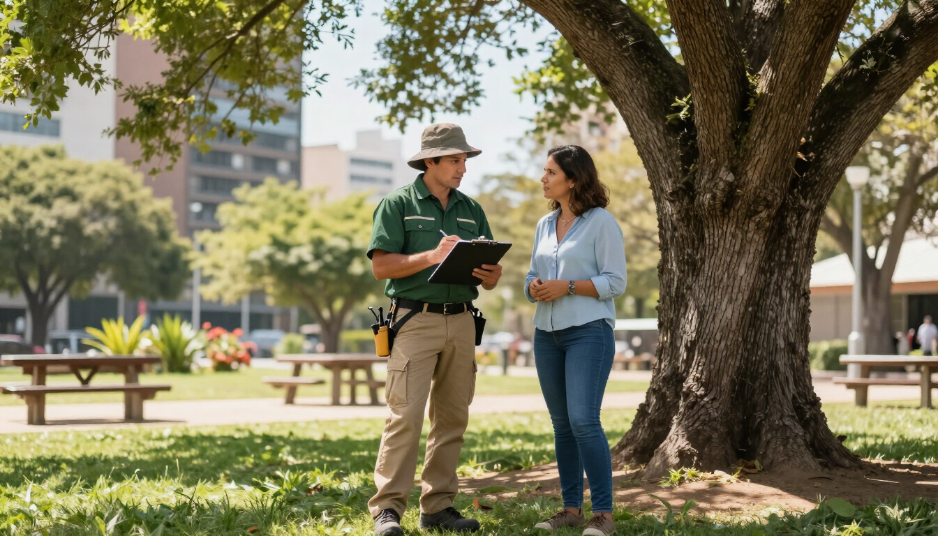 Dos personas conversando en un parque soleado junto a un gran árbol, sosteniendo un portapapeles y un cuaderno.