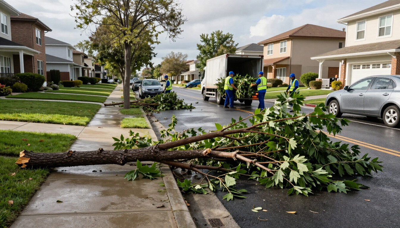 Las ramas de los árboles bloquean una calle suburbana mientras los trabajadores retiran los escombros de la tormenta cerca de los coches aparcados.