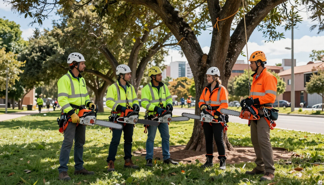 Cinco operarios de servicios públicos, equipados con trajes de seguridad, se encuentran de pie sobre un césped con equipos de topografía cerca de árboles y edificios.