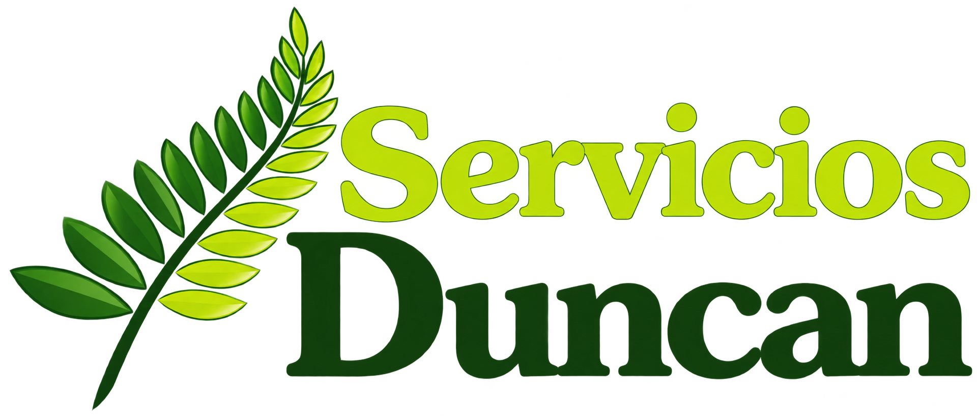 Logotipo de Servicios Duncan con una hoja verde y texto amarillo verdoso y verde oscuro sobre un fondo blanco.